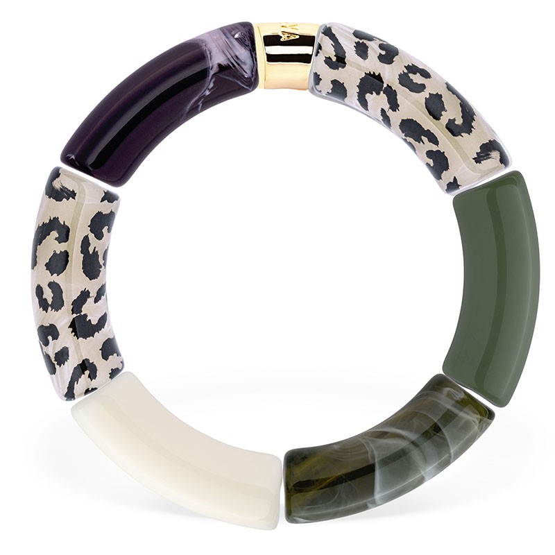 Bracelet jonc élastiqué CHAUD CACAO CAPI 2 - léopard blanc noir & Kaki Bracelet jonc élastiqué CHAUD CACAO CAPI 2 - léopard blanc noir & Kaki