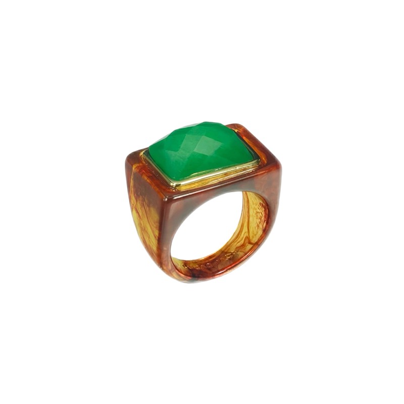 Bague large FIRESTONE GREEN QUARTZ Résine AMBRE - Cabochon rectangle vert - Lucas Jack