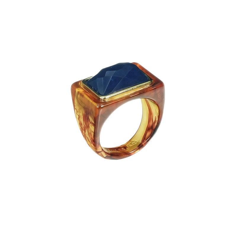 Bague large FIRESTONE BLUE QUARTZ Résine AMBRE - Cabochon rectangle bleu - Lucas jack