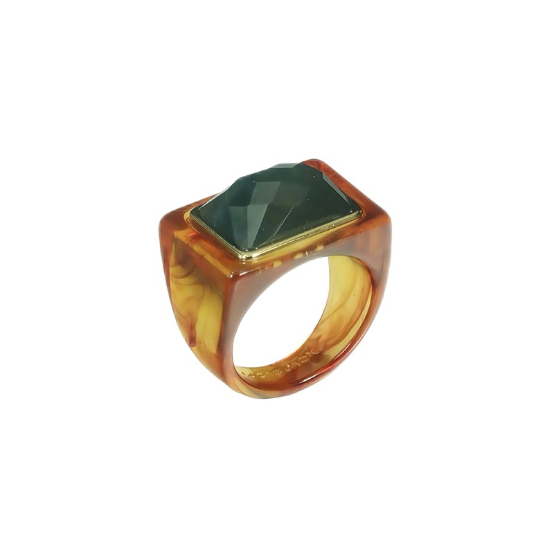 Bague large FIRESTONE LABRADORITE Résine AMBRE - Cabochon rectangle gris - Lucas Jack
