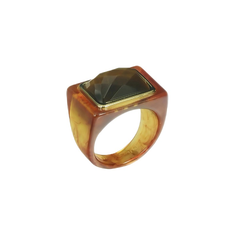 Bague large FIRESTONE OEIL DE TIGRE Résine AMBRE - Cabochon rectangle marron - Lucas jack