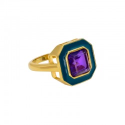 Bague CABA Or - Email bleu canard  & Quartz Améthyste - Une à Une