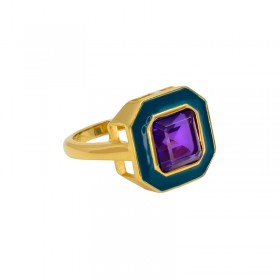 Bague CABA Or - Email bleu canard  & Quartz Améthyste - Une à Une