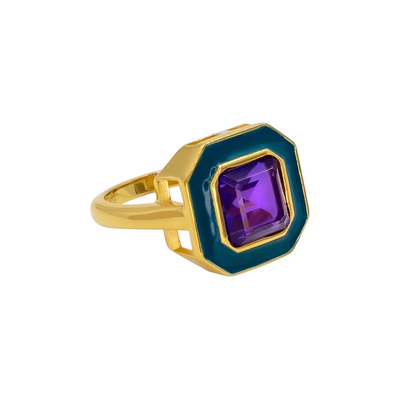 Bague CABA Or - Email bleu canard  & Quartz Améthyste - Une à Une