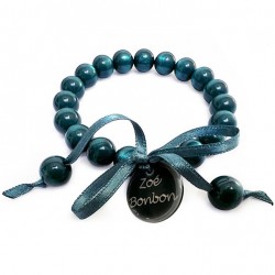Bracelet élastiqué Perles Résine BLEU CANARD NACRE & ruban satin - 1cm