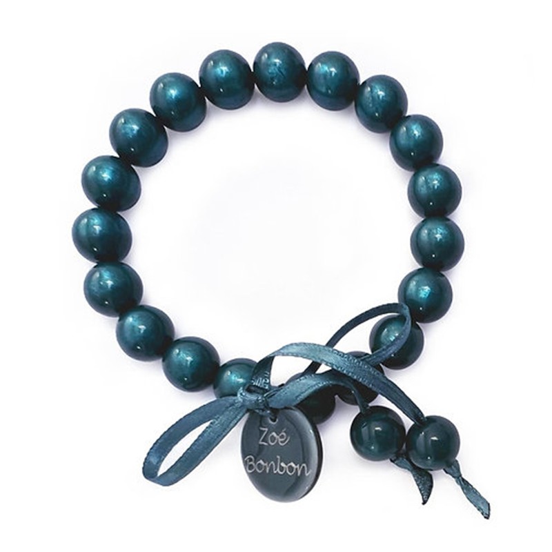 Bracelet élastiqué Perles Résine BLEU CANARD NACRE & ruban satin - 1cm - ZOE BONBON Bracelet élastiqué Perles Résine BLEU CANARD NACRE & ruban satin - 1cm - ZOE BONBON