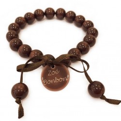 Bracelet élastiqué Perles Résine MARRON GLACE NACRE & ruban satin - 1cm