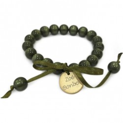 Bracelet élastiqué Perles Résine VERT PALUDE NACRE & ruban satin - 1cm
