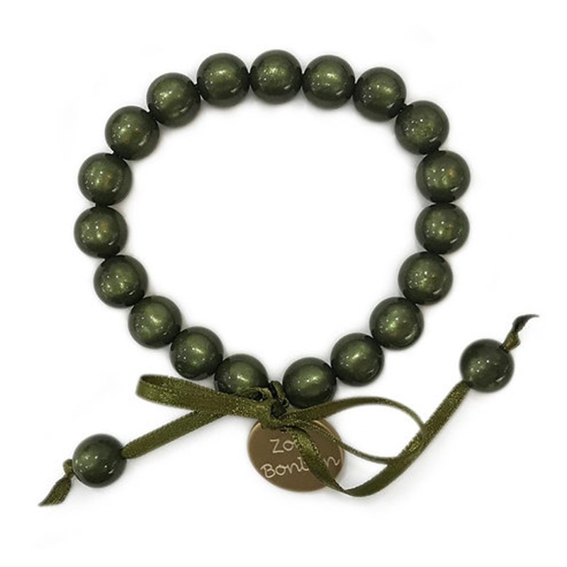Bracelet élastiqué Perles Résine VERT PALUDE NACRE & ruban satin - 1cm - ZOE BONBON Bracelet élastiqué Perles Résine VERT PALUDE NACRE & ruban satin - 1cm - ZOE BONBON