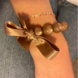 Bracelet élastiqué Perles Résine MARRON GLACE NACRE & ruban satin - 1,4 cm