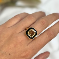 Bague art déco CABA Or - Email noir  & Quartz Champagne TAILLE 54