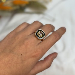 Bague art déco CABA Or - Email noir  & Quartz Champagne TAILLE 54
