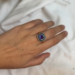 Bague art déco CABA Or - Email bleu canard  & Quartz Améthyste TAILLE 52