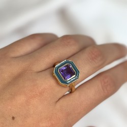 Bague art déco CABA Or - Email bleu canard  & Quartz Améthyste TAILLE 52