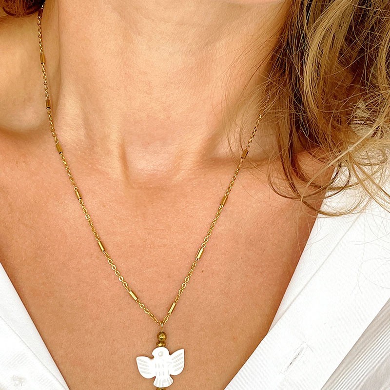 Collier LORETTE BIRDY chaîne dorée - Pendentif Nacre & Hématite doré- Maison 91