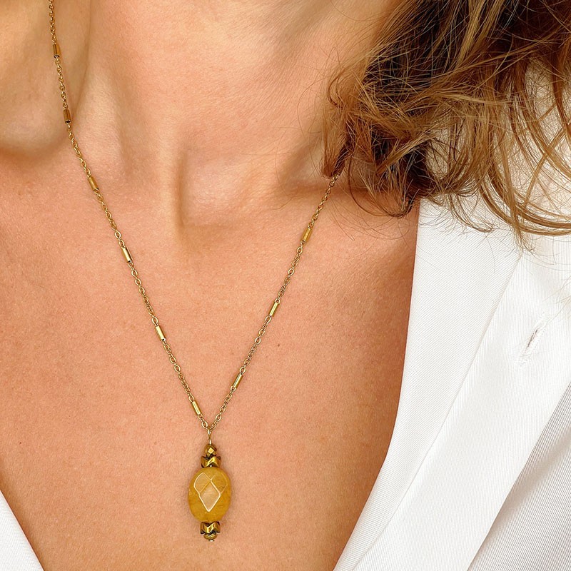 Collier LORETTE chaîne dorée - Pendentif Jade topaze & Hématite doré - Maison 91