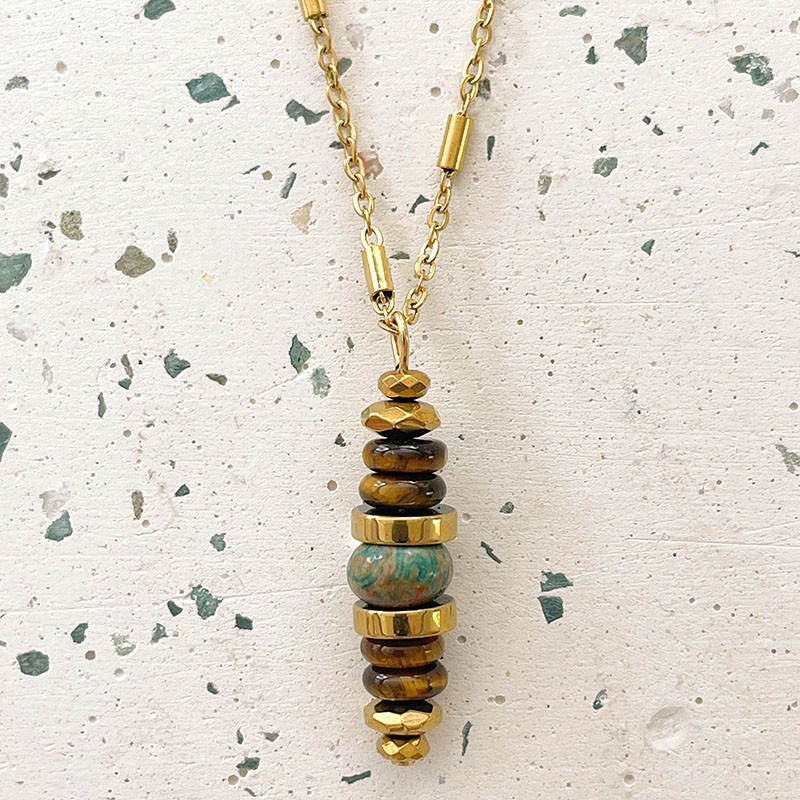 Collier LORETTE chaîne dorée - Pendentif Jaspe feuille d'argent, Oeil de Tigre & Hématite doré