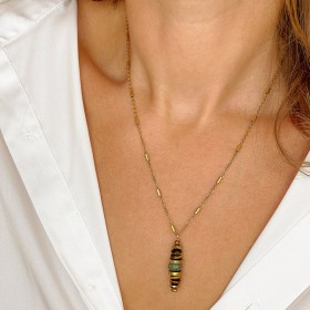 Collier LORETTE chaîne dorée - Pendentif Jaspe feuille d'argent, Oeil de Tigre & Hématite doré - Maison 91