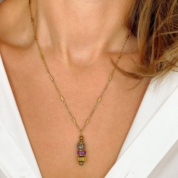 Collier LORETTE chaîne dorée - Pendentif Lépidolite, Obsidienne & Hématite doré