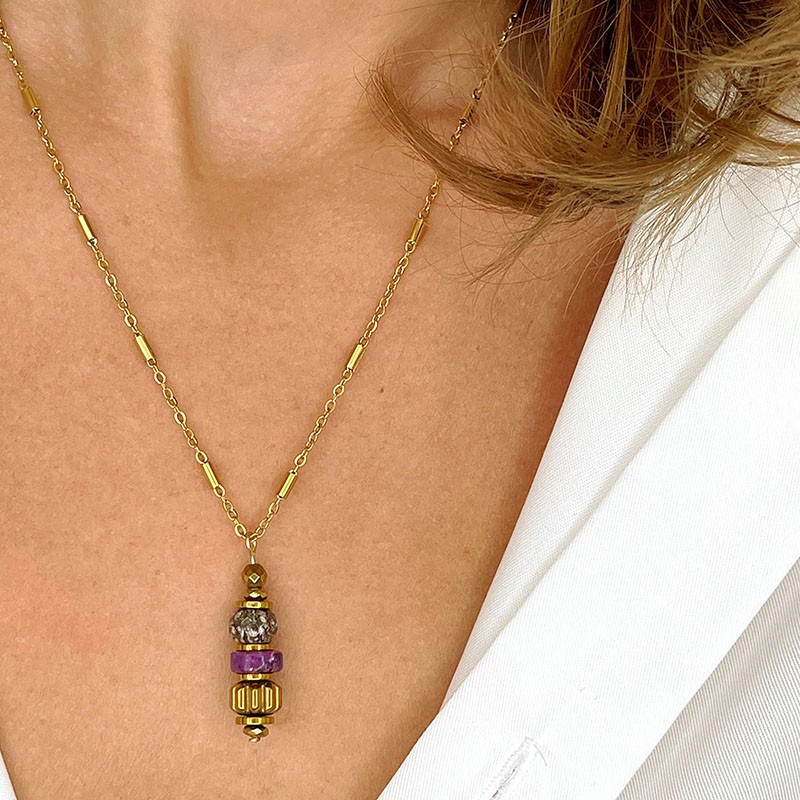 Collier LORETTE chaîne dorée - Pendentif Lépidolite, Obsidienne & Hématite doré - Maison 91