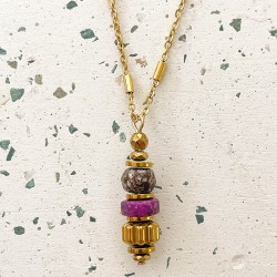Collier LORETTE chaîne dorée - Pendentif Lépidolite, Obsidienne & Hématite doré