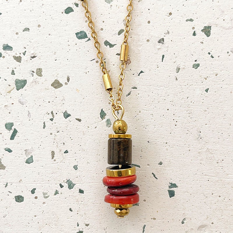 Collier LORETTE chaîne dorée - Pendentif Œil de Tigre, Coquillage & Hématite doré