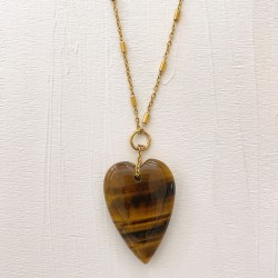Collier SIXTINE chaîne dorée - Pendentif Coeur bombé Œil de Tigre XXL