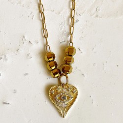 Collier THEONIE chaîne dorée - Pendentif Cœur, Œil protecteur & Hématites dorées