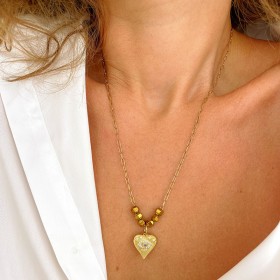 Collier THEONIE chaîne dorée - Pendentif Cœur, Œil protecteur & Hématites dorées - Maison 91