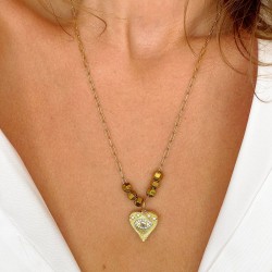 Collier THEONIE chaîne dorée - Pendentif Cœur, Œil protecteur & Hématites dorées