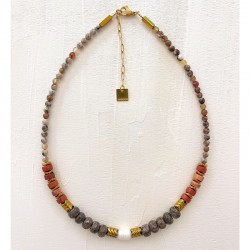 Collier OCTAVE AGATE chaîne dorée - Perle, Obsidienne, Jaspe rouge & Hématite dorée