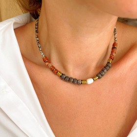 Collier OCTAVE AGATE chaîne dorée - Perle, Obsidienne, Jaspe rouge & Hématite dorée - Maison 91