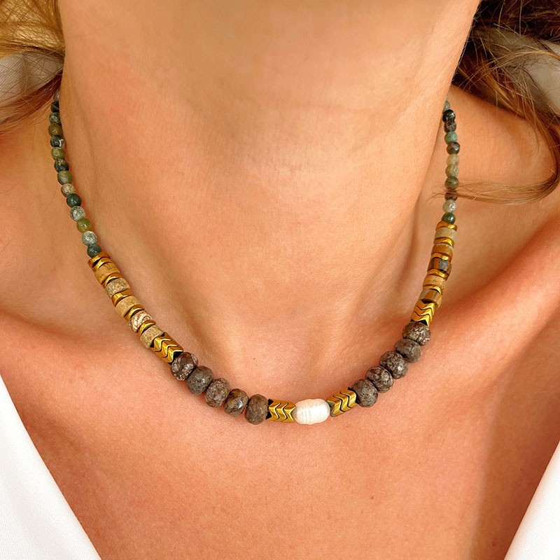 Collier OCTAVE AGATE INDIENNE chaîne dorée - Perle, Obsidienne, Jaspe & Hématite dorée - Maison 91