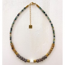 Collier OCTAVE AGATE INDIENNE chaîne dorée - Perle, Obsidienne, Jaspe & Hématite dorée