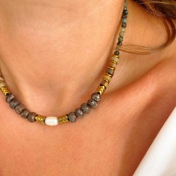 Collier OCTAVE AGATE INDIENNE chaîne dorée - Perle, Obsidienne, Jaspe & Hématite dorée