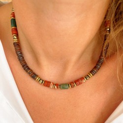 Collier TONY AGATE INDIENNE - Jaspes rouges & Hématites dorées