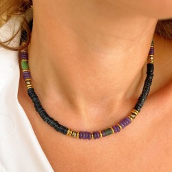 Collier TONY RUBIS ZOÏSITE -  Améthystes & Hématites dorées - Maison 91