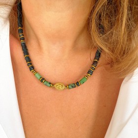 Collier TOSCANE RUBIS ZOÏSITE - Perle bohème & Hématites dorées - Maison 91