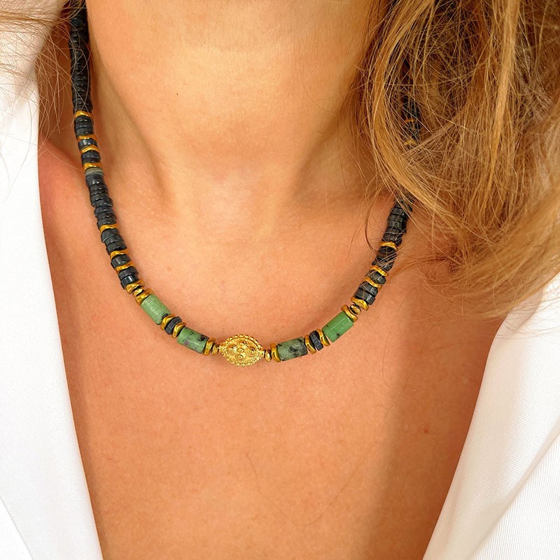 Collier TOSCANE RUBIS ZOÏSITE - Perle bohème & Hématites dorées - Maison 91