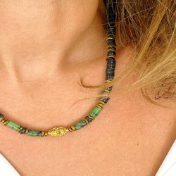 Collier TOSCANE RUBIS ZOÏSITE - Perle bohème & Hématites dorées