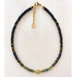 Collier TOSCANE RUBIS ZOÏSITE - Perle bohème & Hématites dorées