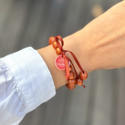 Bracelet élastiqué Perles Résine TERRACOTTA NACRE & ruban satin - 1cm