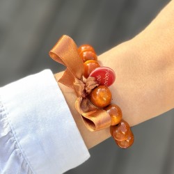 Bracelet élastiqué Perles Résine TERRACOTTA NACRE & ruban satin - 1,4 cm