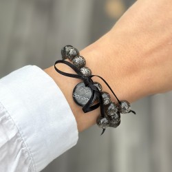 Bracelet élastiqué Perles Résine NOIR PAILLETTE & ruban satin - 1cm