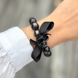 Bracelet élastiqué Perles Résine NOIR PAILLETTE & ruban satin - 1,4 cm