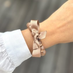 Bracelet élastiqué Perles Résine MARRON GLACE NACRE & ruban satin - 1,4 cm