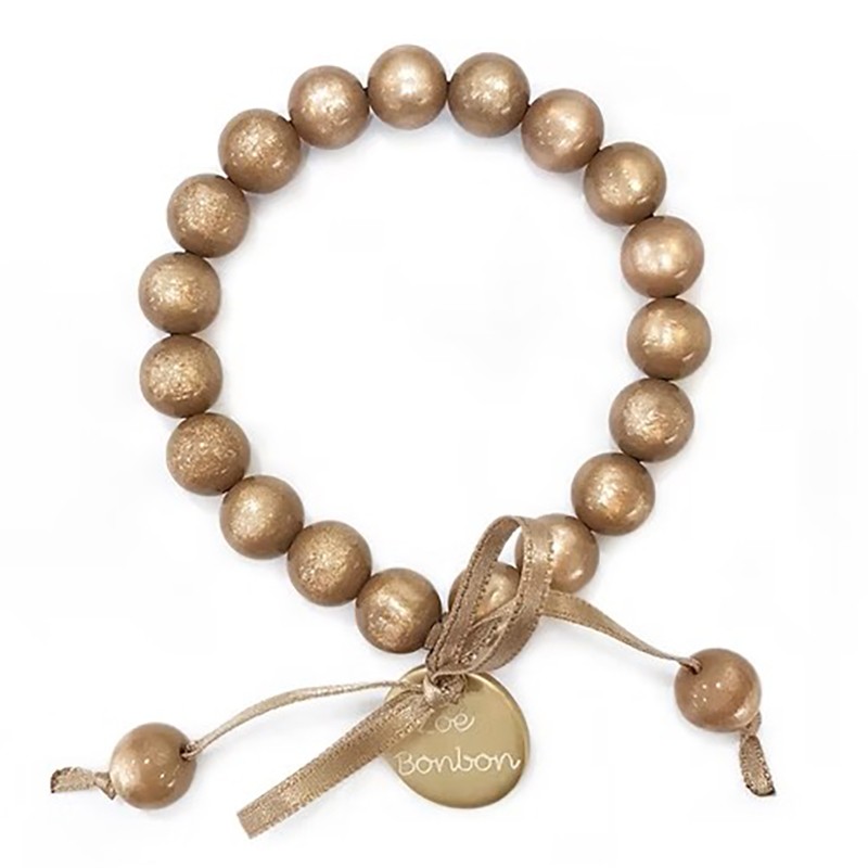 Bracelet élastiqué Perles Résine MARRON GLACE NACRE & ruban satin - 1cm - ZOE BONBON