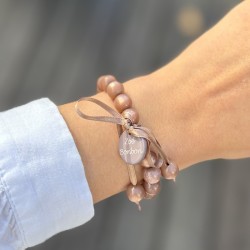 Bracelet élastiqué Perles Résine MARRON GLACE NACRE & ruban satin - 1cm