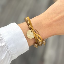 Bracelet élastiqué Perles Résine CARAMEL NACRE & ruban satin - 1cm