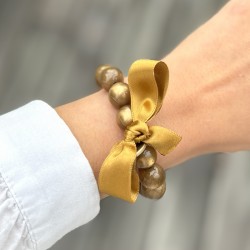 Bracelet élastiqué Perles Résine CARAMEL NACRE & ruban satin - 1,4 cm